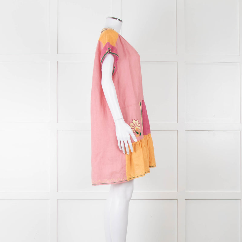 Saloni Pink Linen Tunic Mini Dress with Embroidery