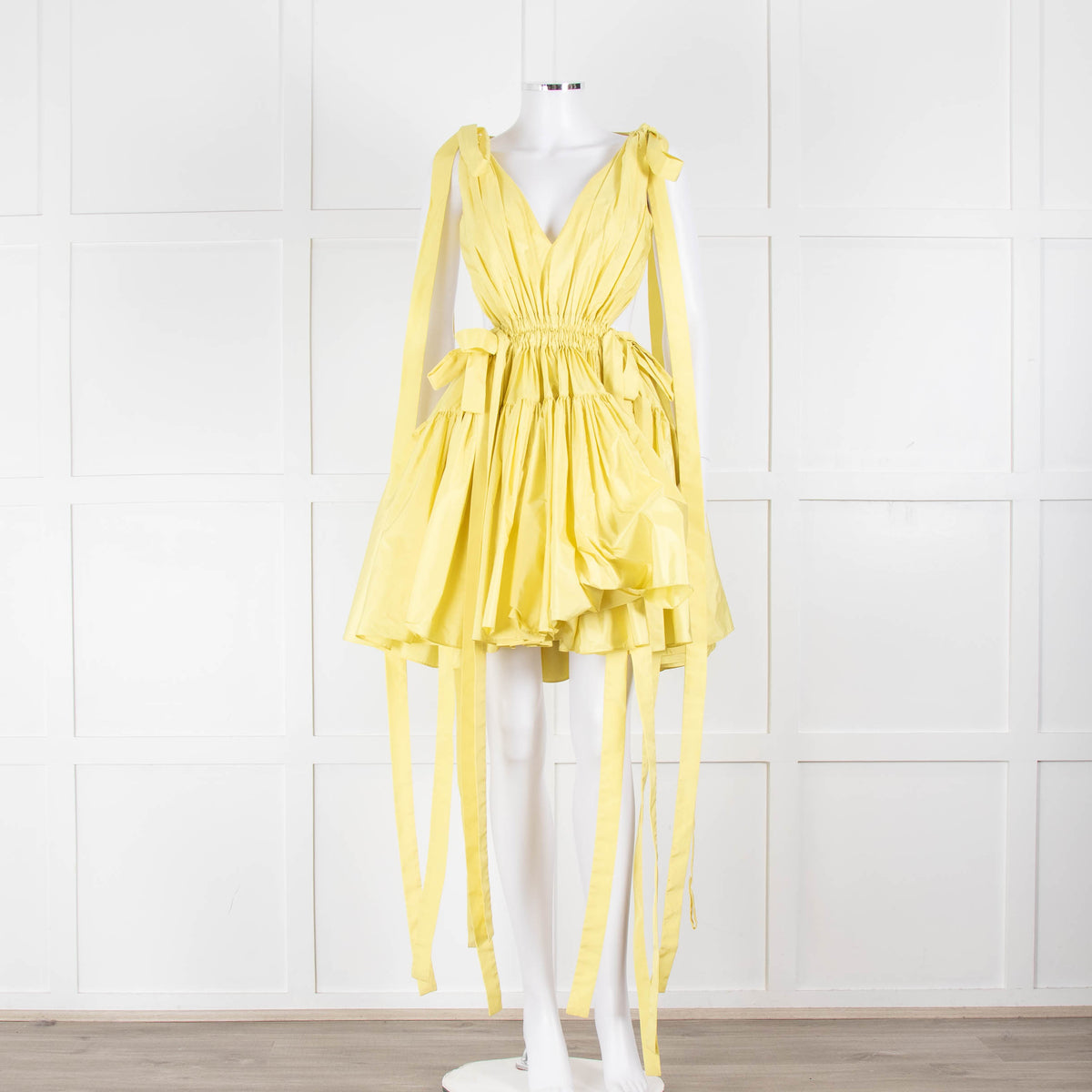Alexander McQueen Yellow Gathered Faille V Neck Mini Dress