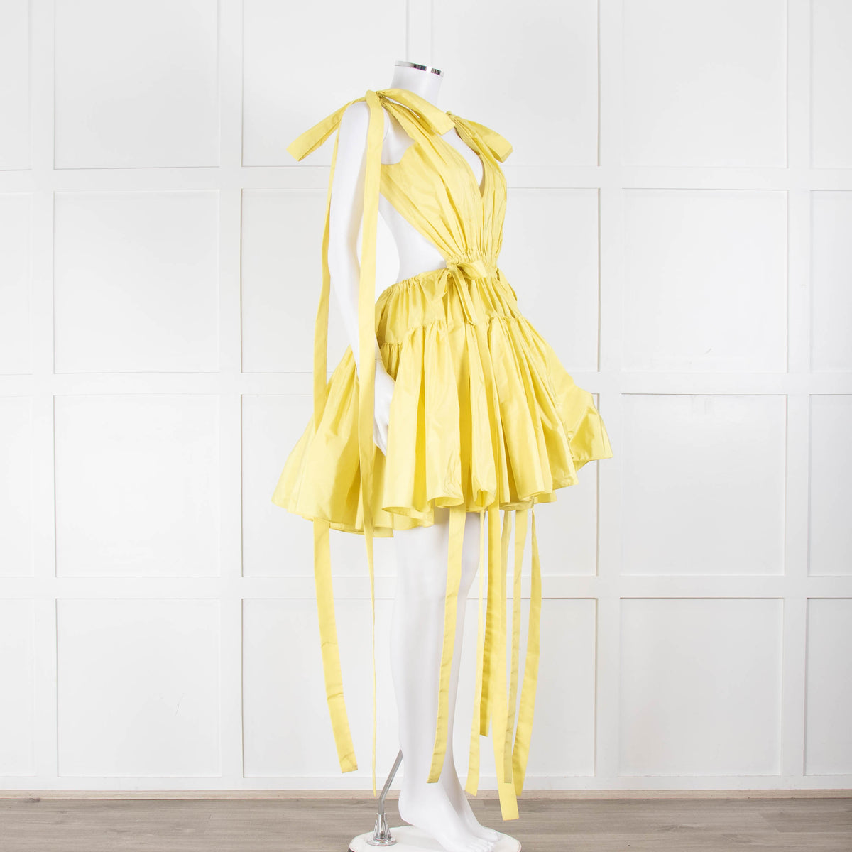 Alexander McQueen Yellow Gathered Faille V Neck Mini Dress