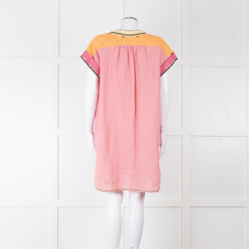 Saloni Pink Linen Tunic Mini Dress with Embroidery