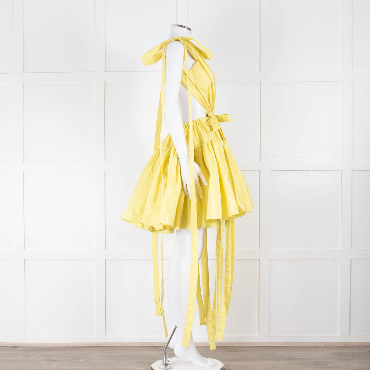 Alexander McQueen Yellow Gathered Faille V Neck Mini Dress