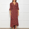 Ganni Black Maxi Long Sleeve Wrap Dress With Red Floral Print
