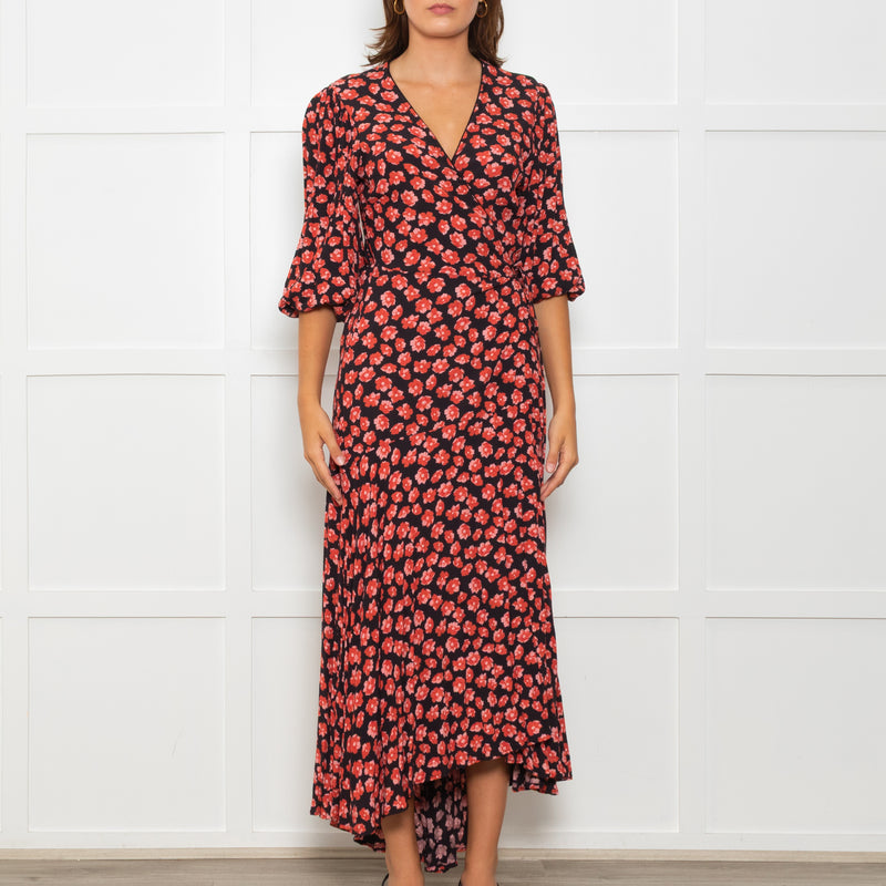 Ganni Black Maxi Long Sleeve Wrap Dress With Red Floral Print