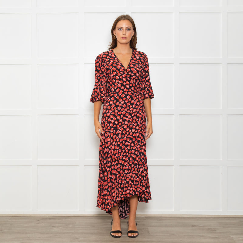 Ganni Black Maxi Long Sleeve Wrap Dress With Red Floral Print