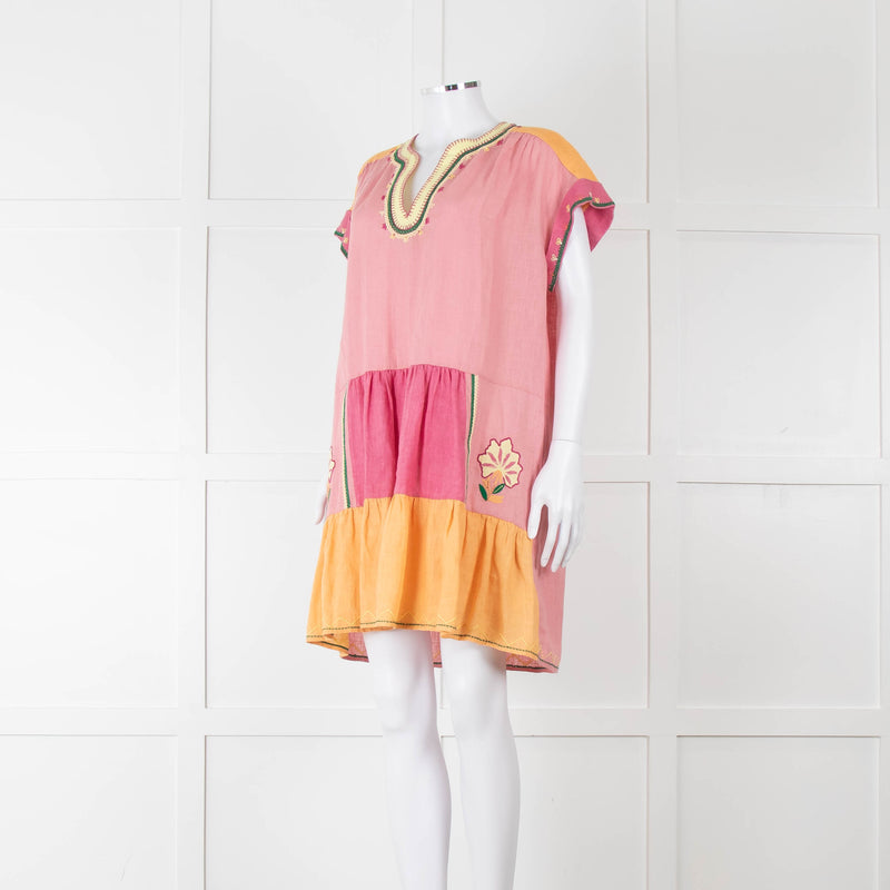 Saloni Pink Linen Tunic Mini Dress with Embroidery