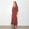 Ganni Black Maxi Long Sleeve Wrap Dress With Red Floral Print