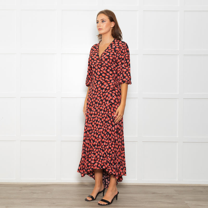 Ganni Black Maxi Long Sleeve Wrap Dress With Red Floral Print
