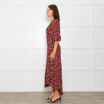 Ganni Black Maxi Long Sleeve Wrap Dress With Red Floral Print