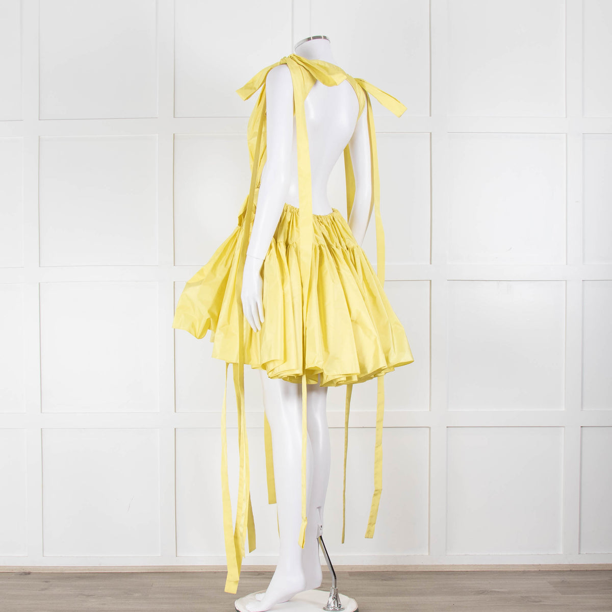 Alexander McQueen Yellow Gathered Faille V Neck Mini Dress