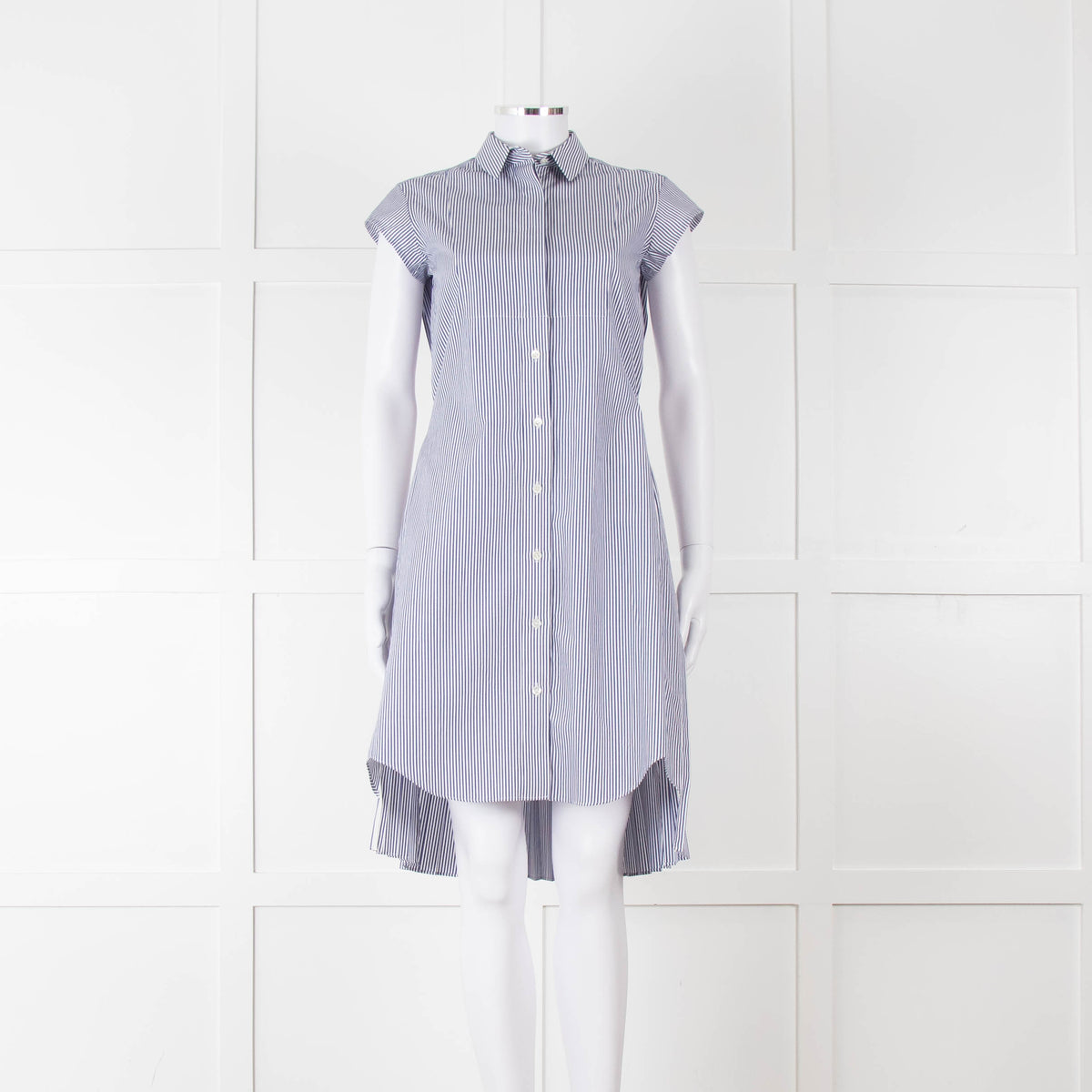 Sacai Blue And White Striped Cotton Dress With Pleated Back And Capped Sleeves