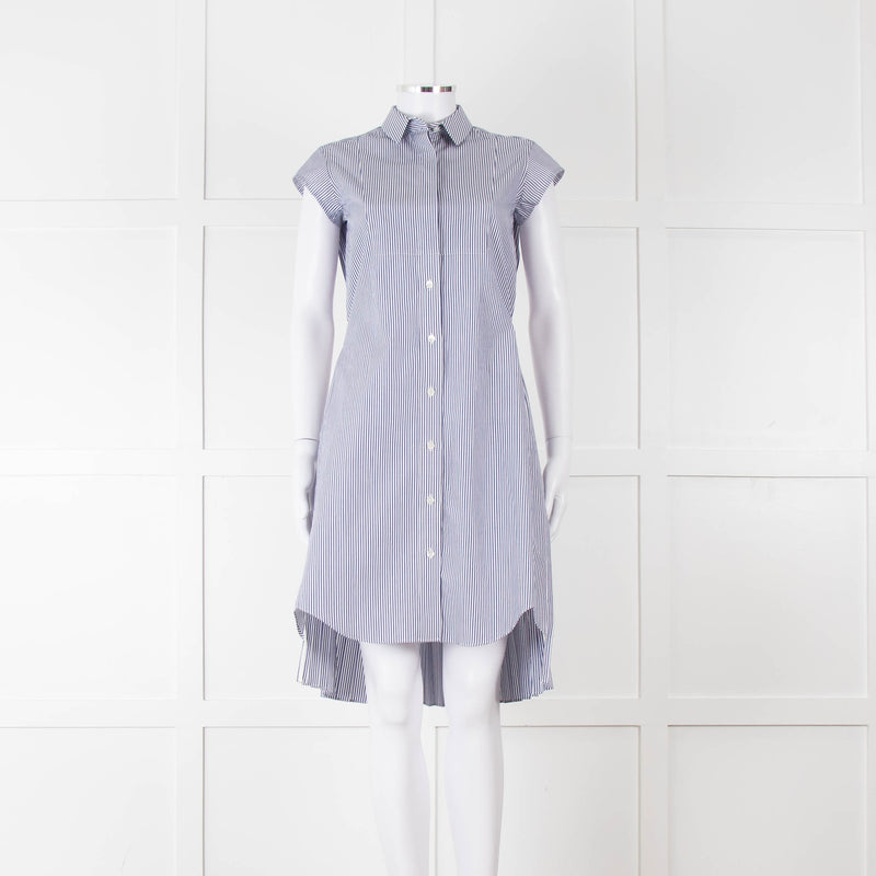 Sacai Blue And White Striped Cotton Dress With Pleated Back And Capped Sleeves