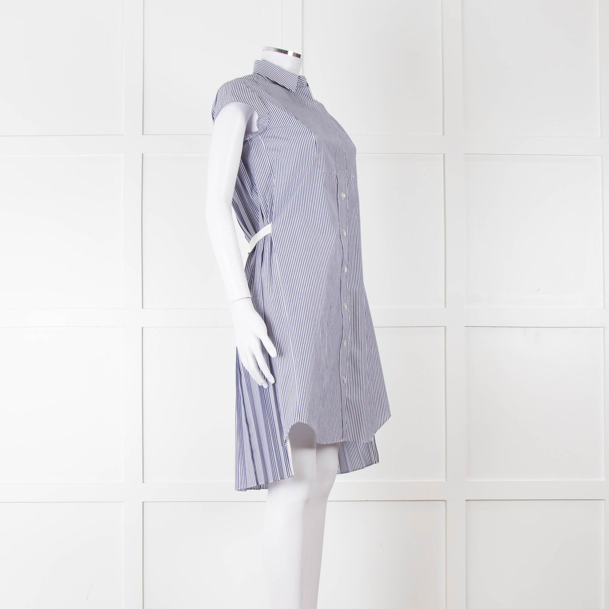 Sacai Blue And White Striped Cotton Dress With Pleated Back And Capped Sleeves