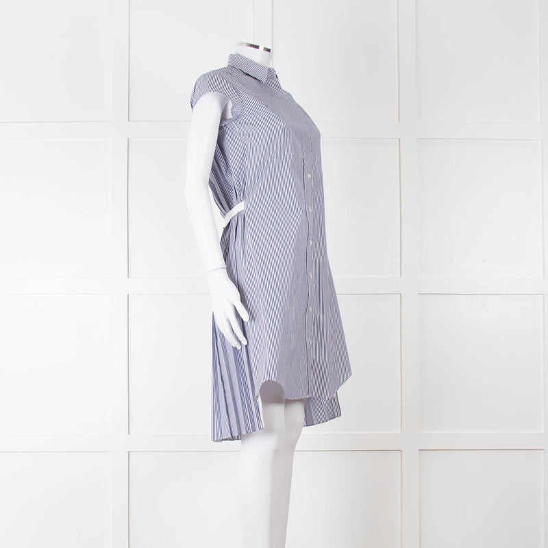 Sacai Blue And White Striped Cotton Dress With Pleated Back And Capped Sleeves