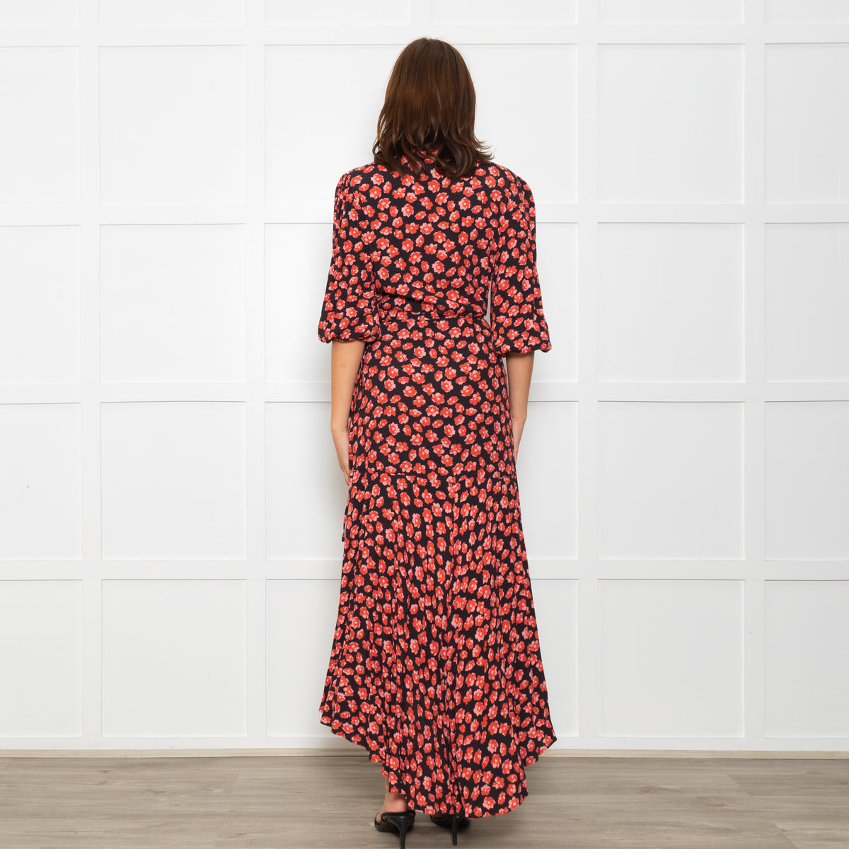 Ganni Black Maxi Long Sleeve Wrap Dress With Red Floral Print