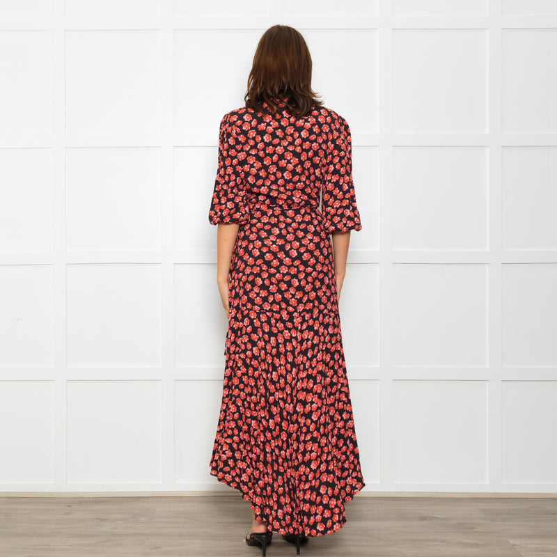 Ganni Black Maxi Long Sleeve Wrap Dress With Red Floral Print