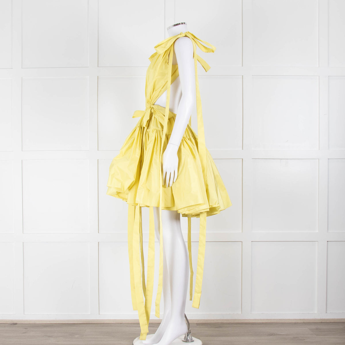 Alexander McQueen Yellow Gathered Faille V Neck Mini Dress