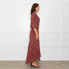 Ganni Black Maxi Long Sleeve Wrap Dress With Red Floral Print