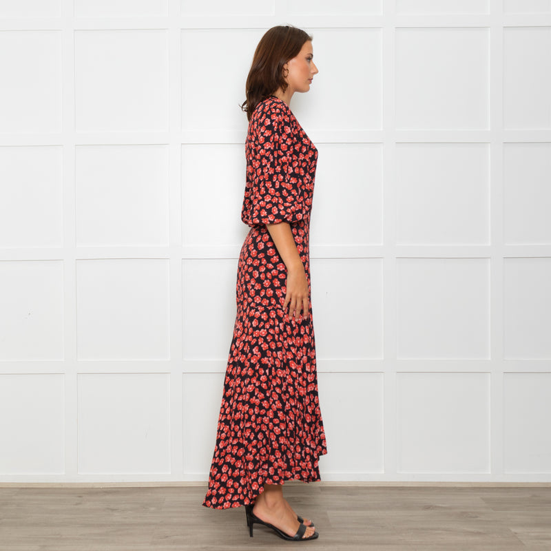 Ganni Black Maxi Long Sleeve Wrap Dress With Red Floral Print