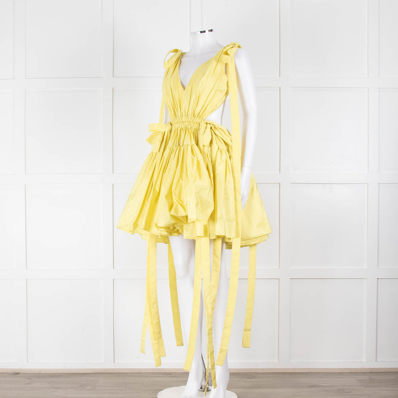 Alexander McQueen Yellow Gathered Faille V Neck Mini Dress