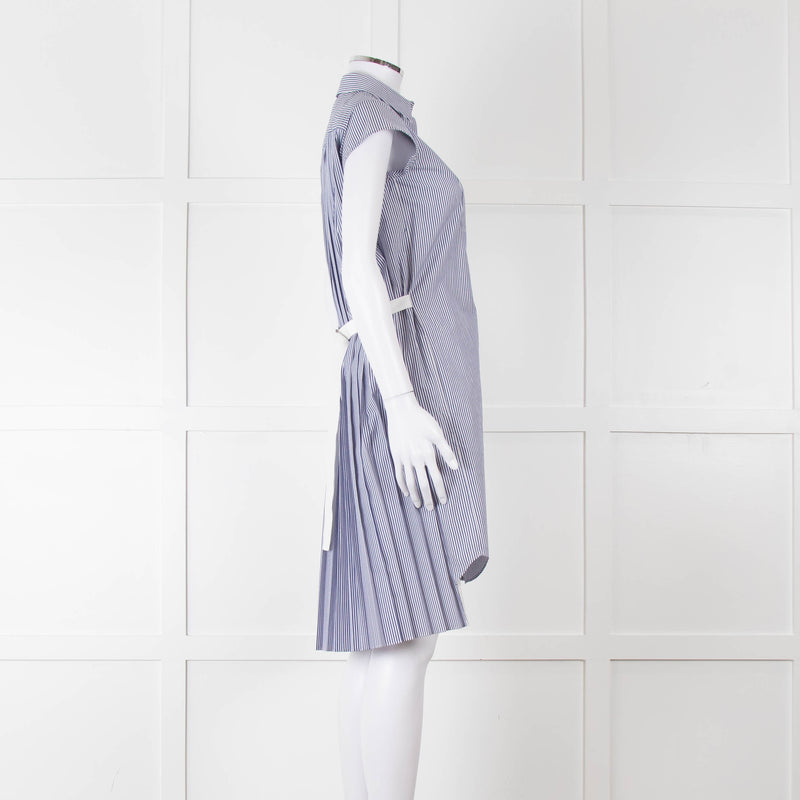 Sacai Blue And White Striped Cotton Dress With Pleated Back And Capped Sleeves