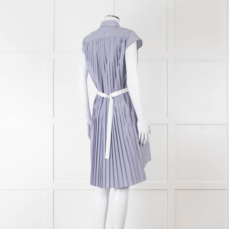 Sacai Blue And White Striped Cotton Dress With Pleated Back And Capped Sleeves