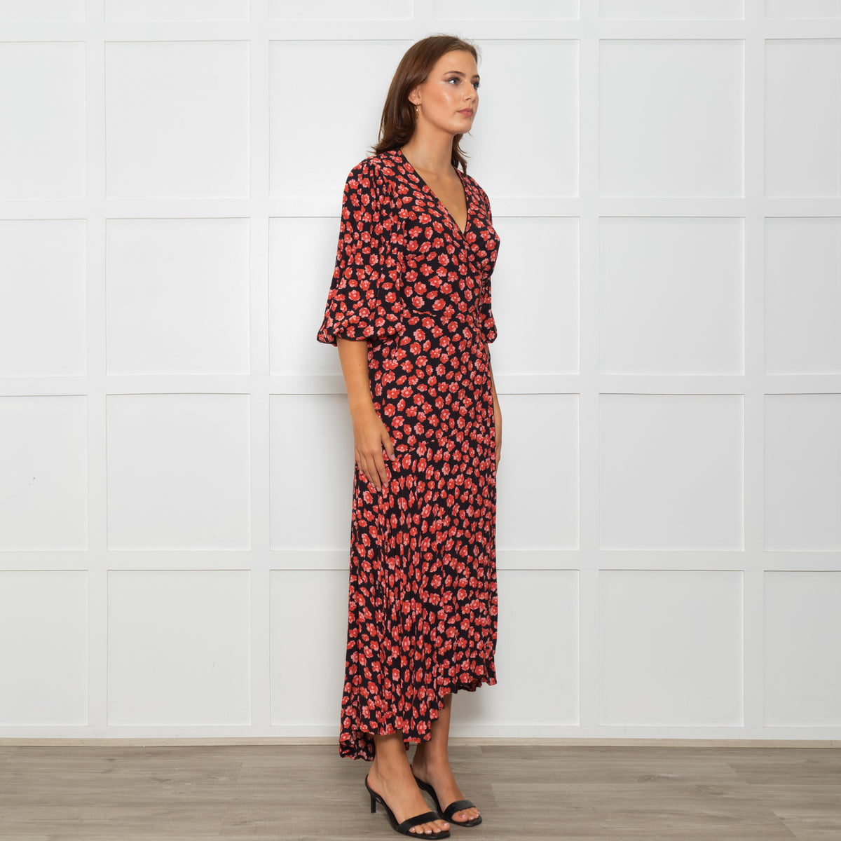 Ganni Black Maxi Long Sleeve Wrap Dress With Red Floral Print – Phoenix  Style