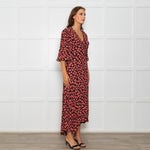 Ganni Black Maxi Long Sleeve Wrap Dress With Red Floral Print
