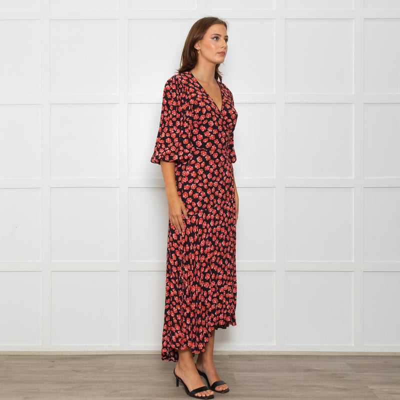 Ganni Black Maxi Long Sleeve Wrap Dress With Red Floral Print