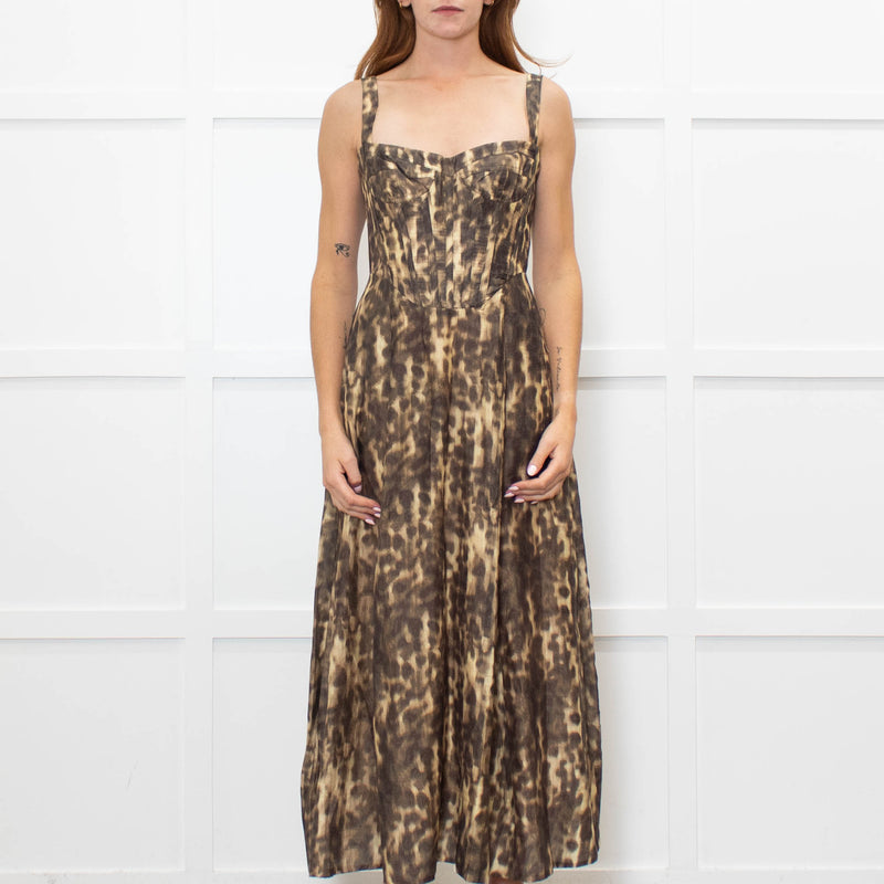 Bardot Brown Animal Print Corseted Midi Dress