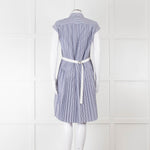 Sacai Blue And White Striped Cotton Dress With Pleated Back And Capped Sleeves