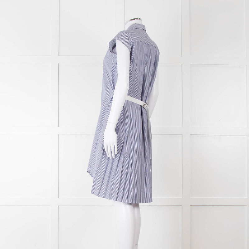 Sacai Blue And White Striped Cotton Dress With Pleated Back And Capped Sleeves