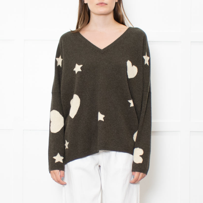 Brodie Cashmere Khaki Star Batwing Jumper