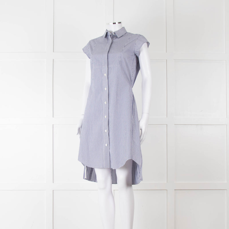 Sacai Blue And White Striped Cotton Dress With Pleated Back And Capped Sleeves