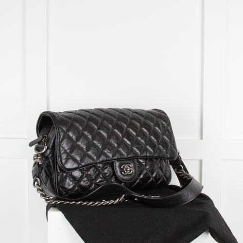 Chanel Black Aged Calfskin Ruthenium Finish Shoulder Bag