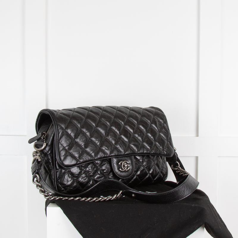Chanel Black Aged Calfskin Ruthenium Finish Shoulder Bag