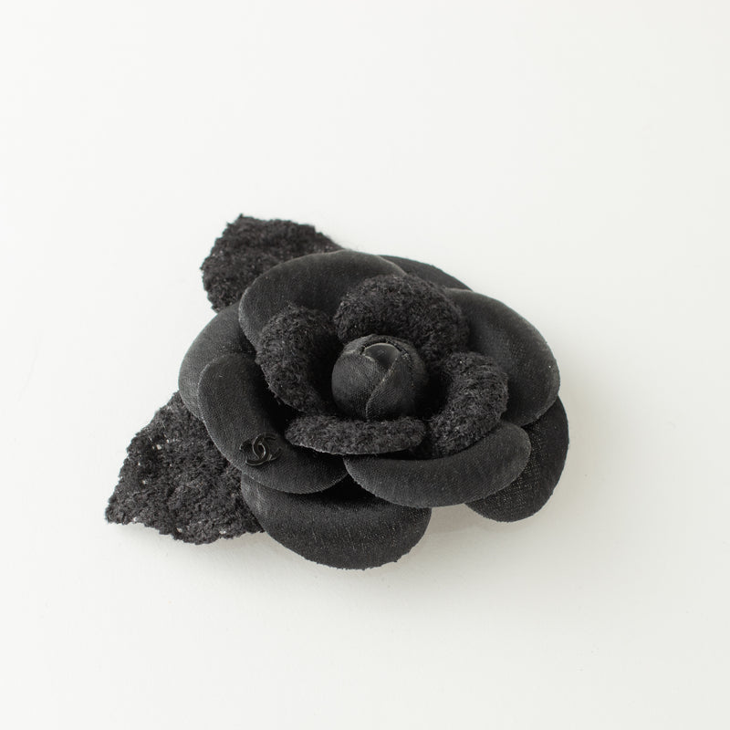 Chanel Black Fabric Camellia Pin Brooch