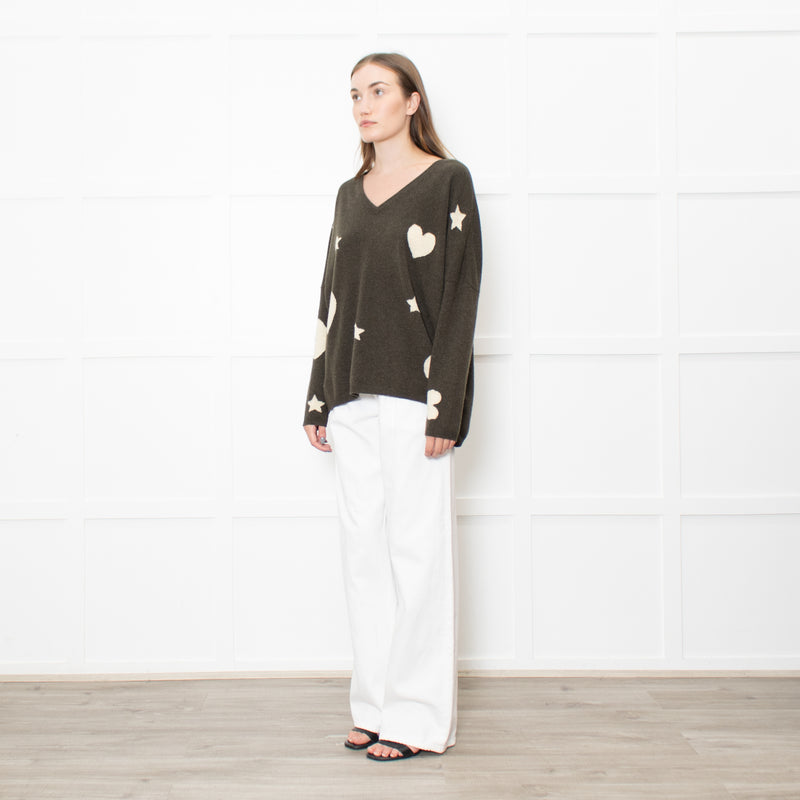 Brodie Cashmere Khaki Star Batwing Jumper