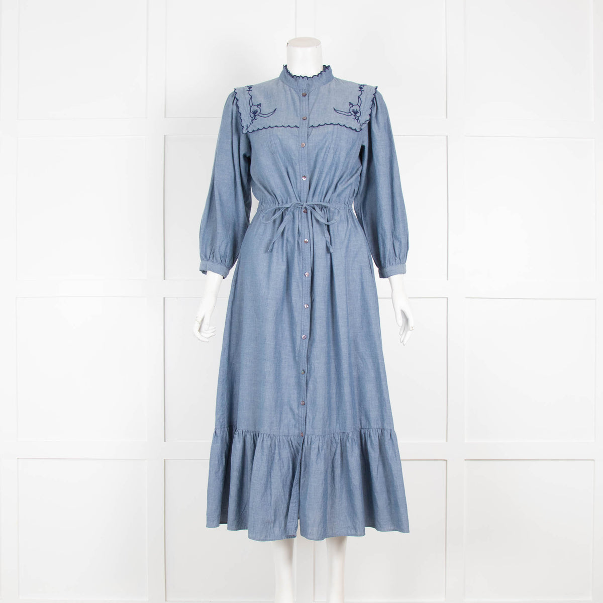 Iris Blue Navy Embroidered  Midi Cotton Dress