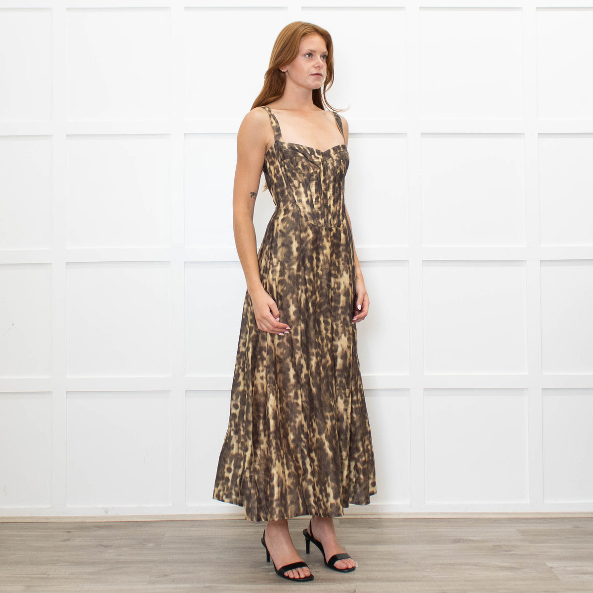 Bardot Brown Animal Print Corseted Midi Dress
