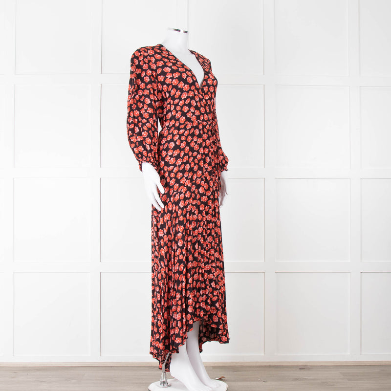 Ganni Black With Red Poppy Crepe Wrap Dress