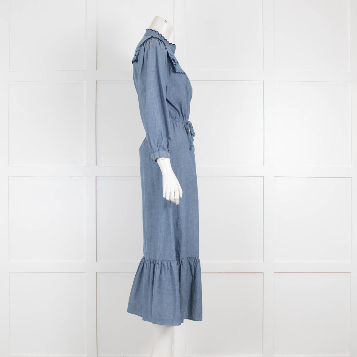Iris Blue Navy Embroidered  Midi Cotton Dress