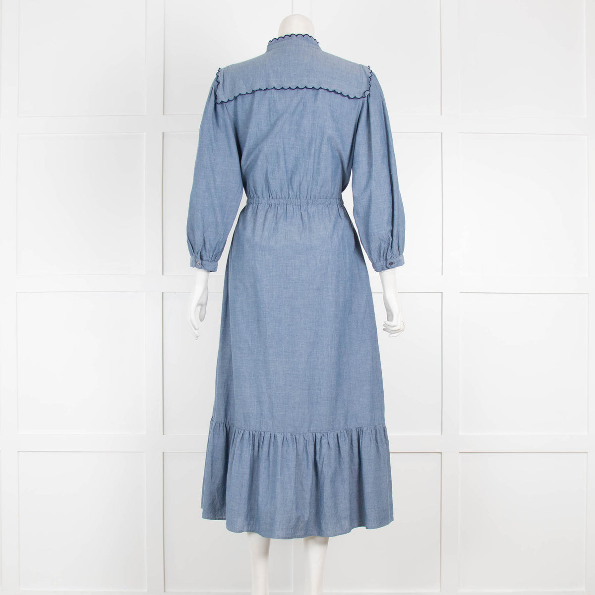 Iris Blue Navy Embroidered  Midi Cotton Dress