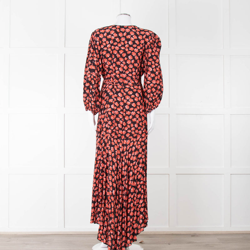 Ganni Black With Red Poppy Crepe Wrap Dress
