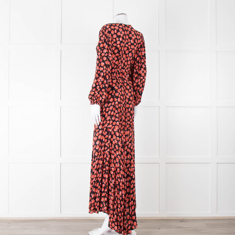 Ganni Black With Red Poppy Crepe Wrap Dress