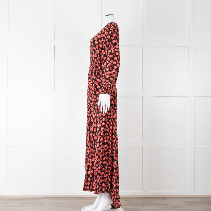 Ganni Black With Red Poppy Crepe Wrap Dress