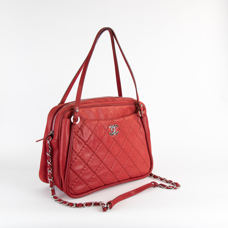 Chanel Red Silver Hardware Quilted Leather Shoulder Bag