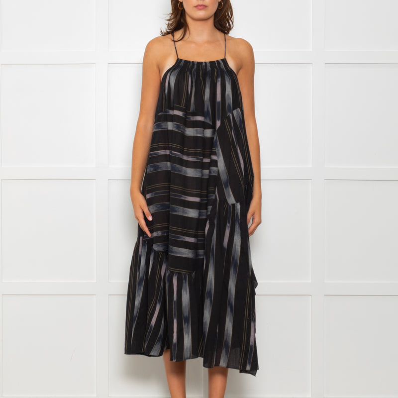 Rachel Comey Black Sundress With Blue Stripes And Tiered Hem