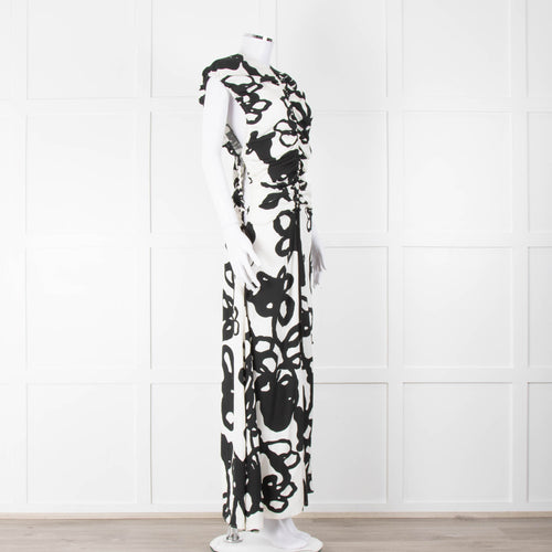 Christopher Kane White Black Floral Ruched Trim Maxi Dress