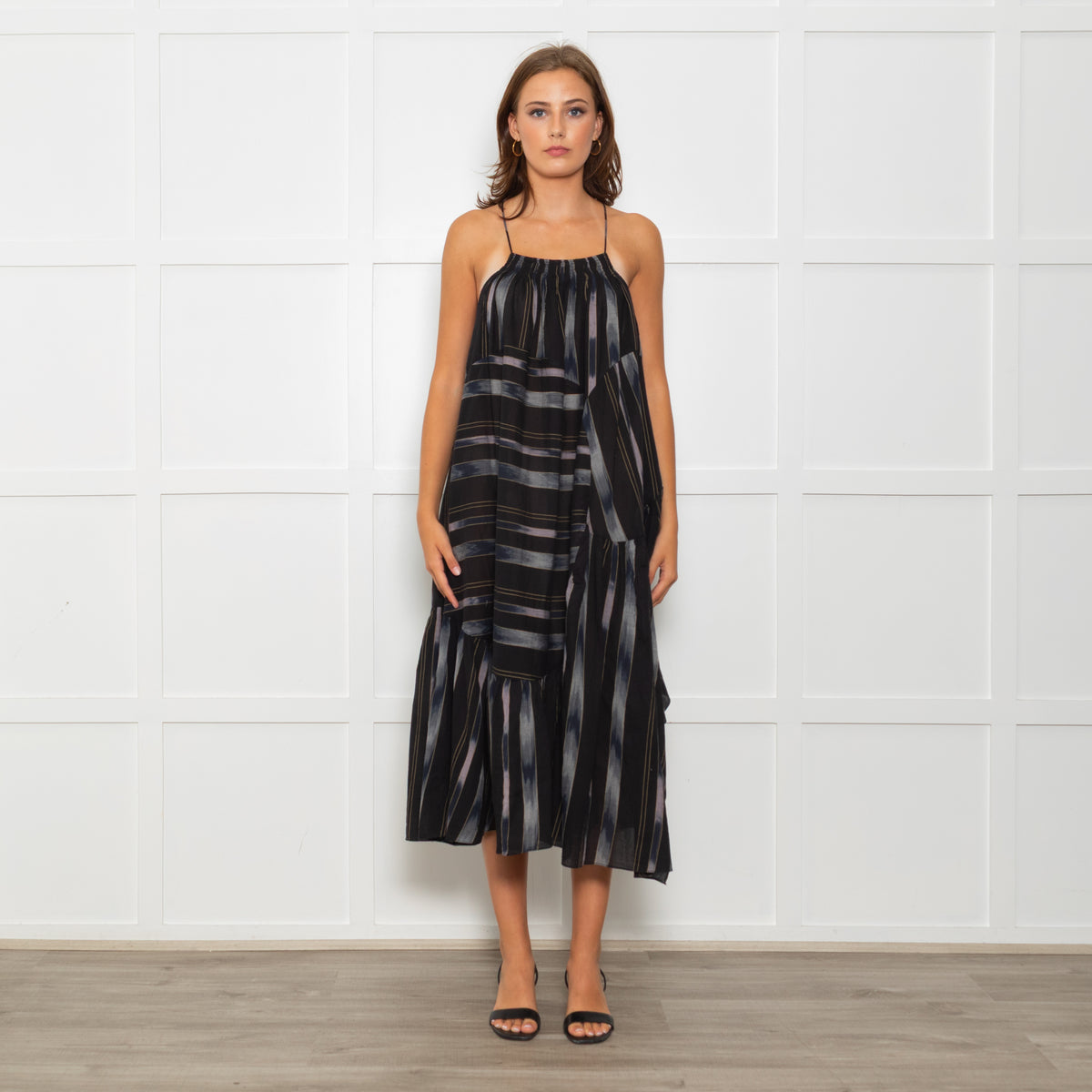 Rachel Comey Black Sundress With Blue Stripes And Tiered Hem