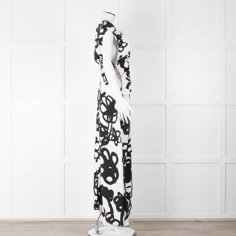 Christopher Kane White Black Floral Ruched Trim Maxi Dress